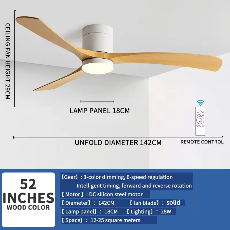 42/52 Inch Low Floor Ceiling Fan LED Light Remote Control, Suitable for Living Room, Dining Room, Bedroom, Solid Wood Chandelier