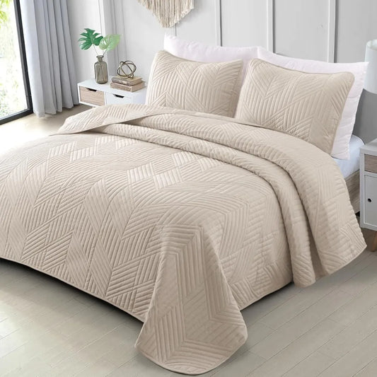 Exclusivo Mezcla Ultrasonic King Quilt Bedding Set, Lightweight Brich Beige Bedspreads Soft Modern Geometric Coverlet Set for Al