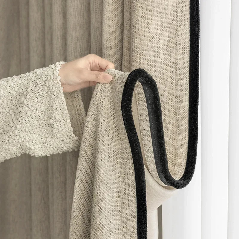 Light French Black Edge Chenille Cotton and Linen Feel Thickened Cream Color for The Living Room Curtain Medieval Style Curtains
