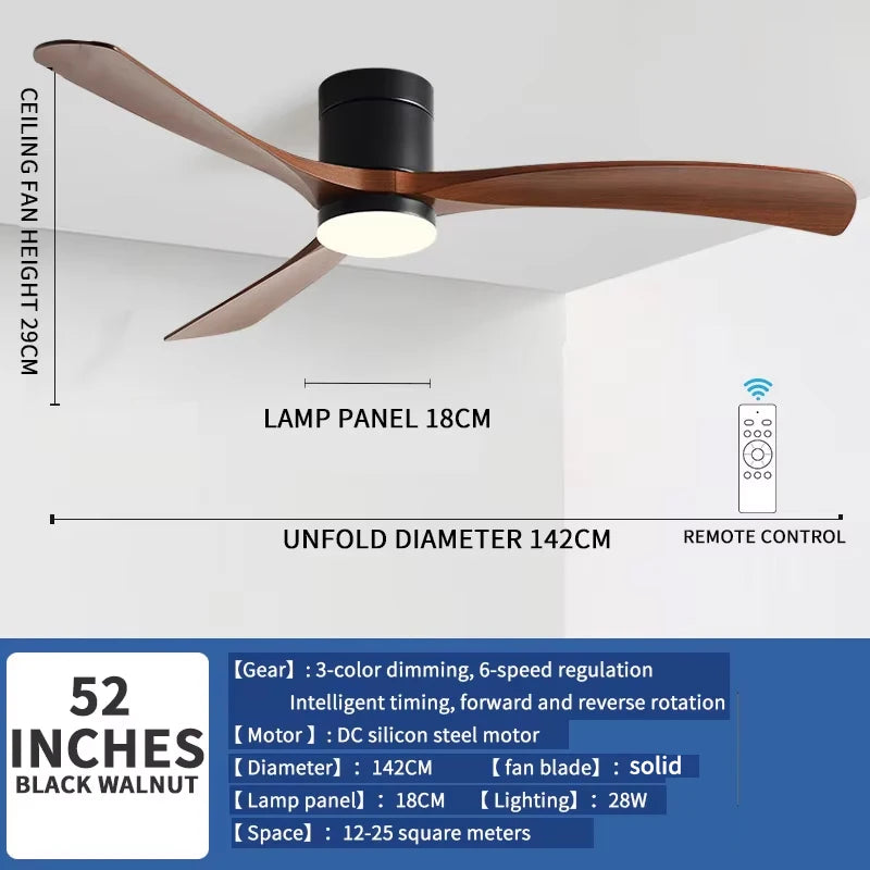 42/52 Inch Low Floor Ceiling Fan LED Light Remote Control, Suitable for Living Room, Dining Room, Bedroom, Solid Wood Chandelier