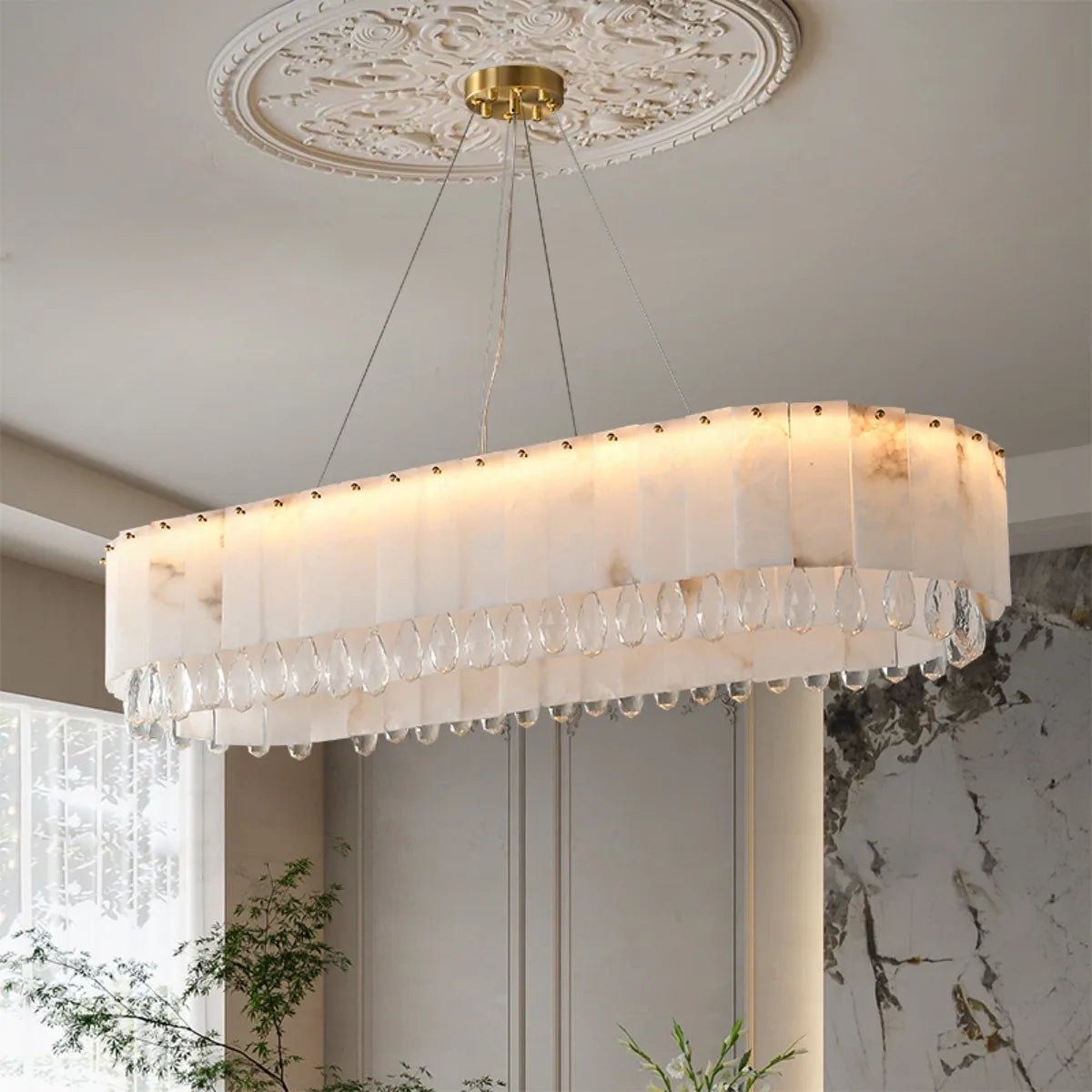 Marble Crystal Pendant Light Modern Luxury Bedroom Ceiling Chandelier for Villa Lobby Dining Living Room Alabaster Hanging Lamp