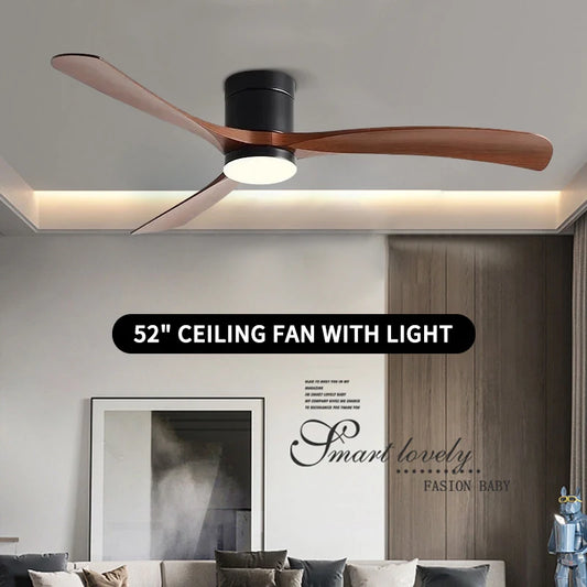 42/52 Inch Low Floor Ceiling Fan LED Light Remote Control, Suitable for Living Room, Dining Room, Bedroom, Solid Wood Chandelier