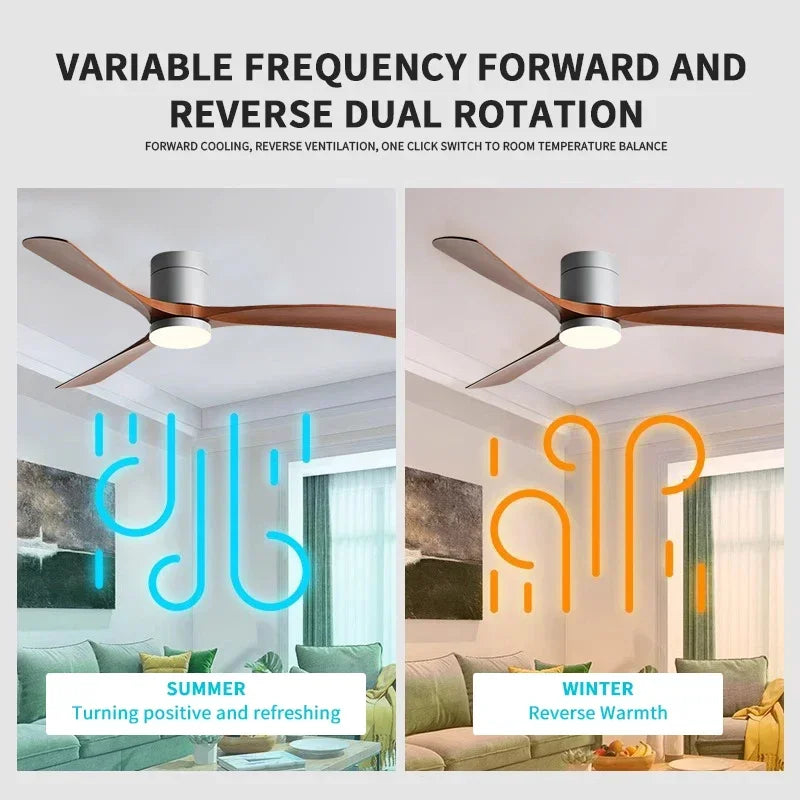 42/52 Inch Low Floor Ceiling Fan LED Light Remote Control, Suitable for Living Room, Dining Room, Bedroom, Solid Wood Chandelier