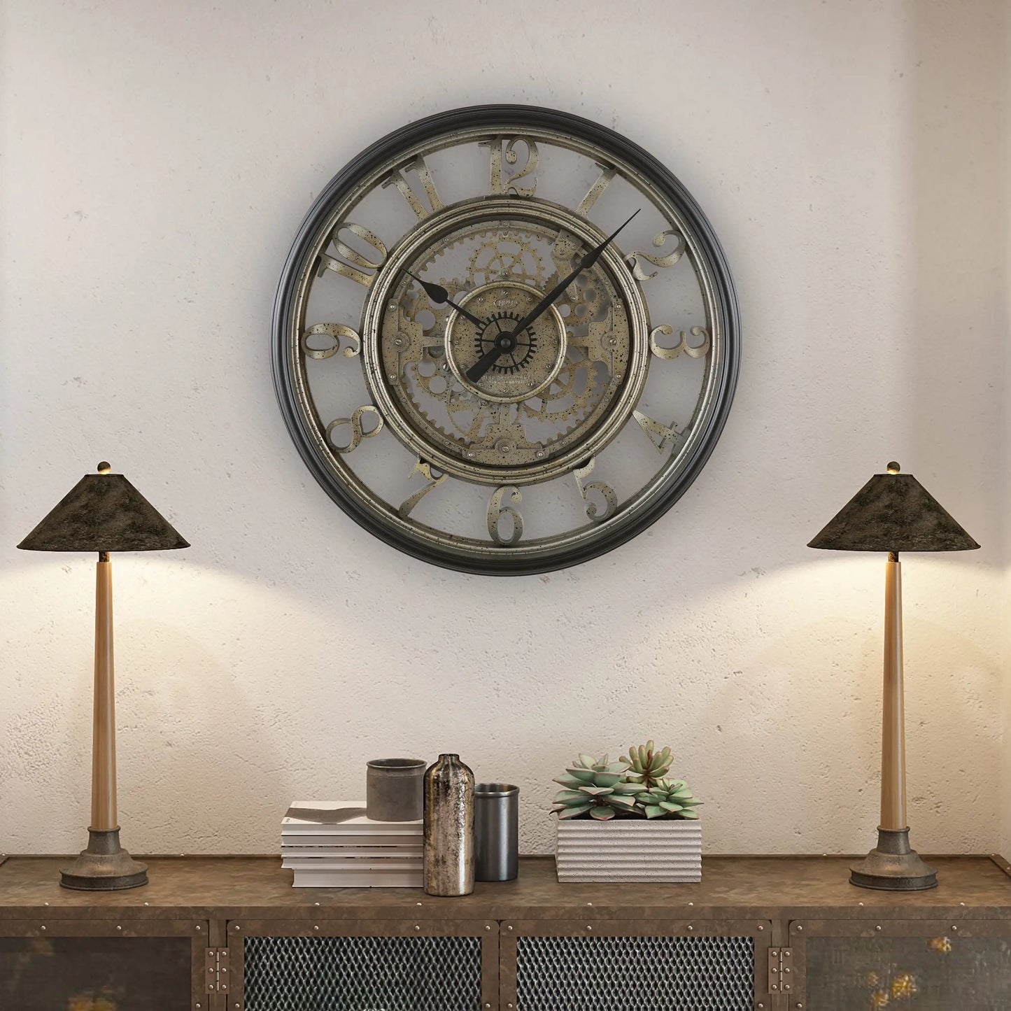 20" Indoor Rustic Metal Arabic Moving Gear Analog Wall Clock