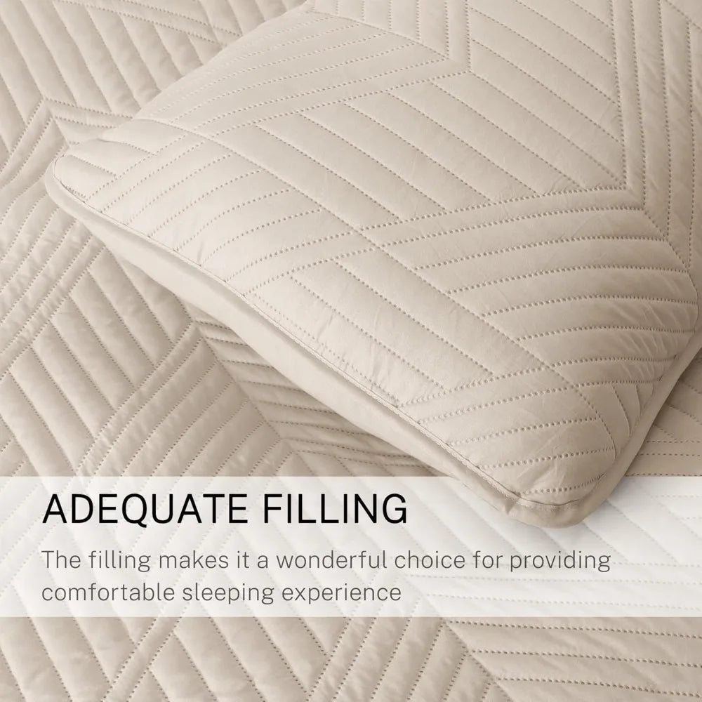 Exclusivo Mezcla Ultrasonic King Quilt Bedding Set, Lightweight Brich Beige Bedspreads Soft Modern Geometric Coverlet Set for Al