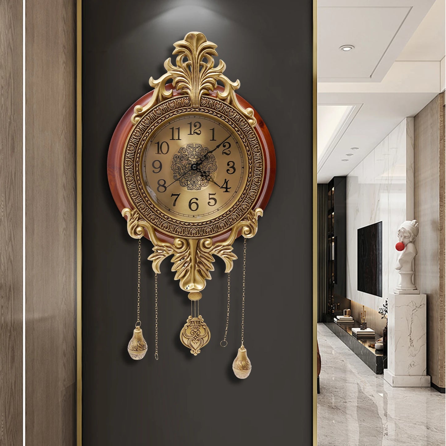 Retro Wall Clock, Silent Wall Clock with Swinging Pendulum, Battery Operated Pendulum Clock, for Bedroom Living Room 13.8*29Inch