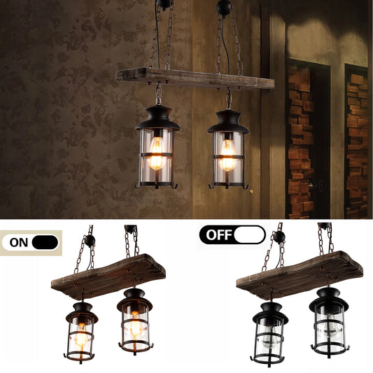 2-Head Ceiling-Mounted Vintage Wooden Chandelier | US Plug, 2*E26 (Bulbs Not Included) Vintage Wooden Chandelier