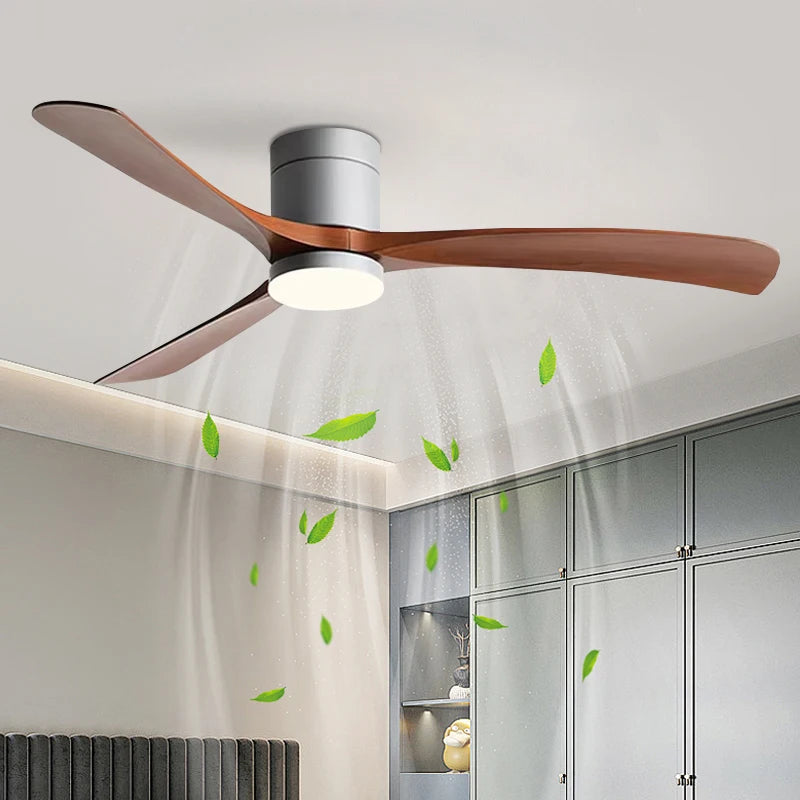 42/52 Inch Low Floor Ceiling Fan LED Light Remote Control, Suitable for Living Room, Dining Room, Bedroom, Solid Wood Chandelier