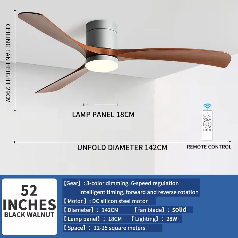 42/52 Inch Low Floor Ceiling Fan LED Light Remote Control, Suitable for Living Room, Dining Room, Bedroom, Solid Wood Chandelier