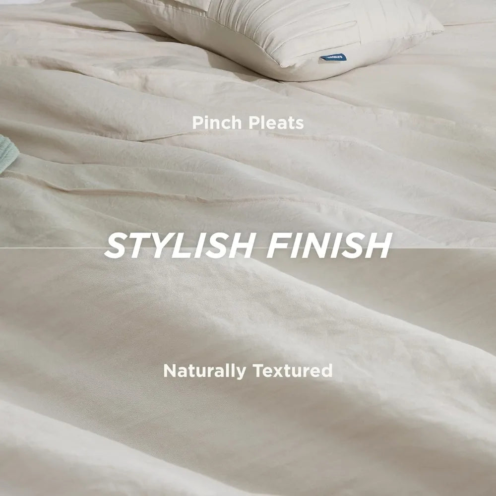 Bedsure Queen Comforter Set - 4 Pieces Pinch Pleat Bed Set, Beige Boho Bedding for All Season, 1 Soft Comforter, 2 Pillowcases,