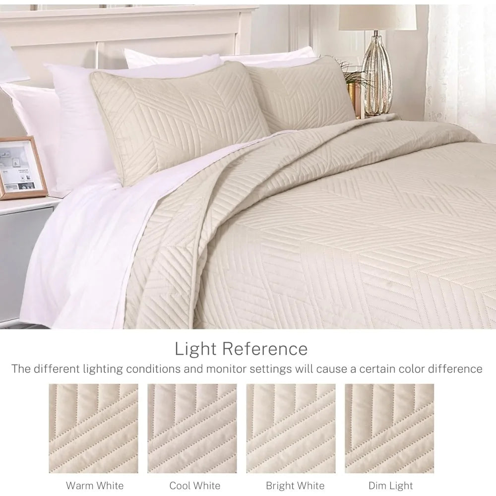 Exclusivo Mezcla Ultrasonic King Quilt Bedding Set, Lightweight Brich Beige Bedspreads Soft Modern Geometric Coverlet Set for Al