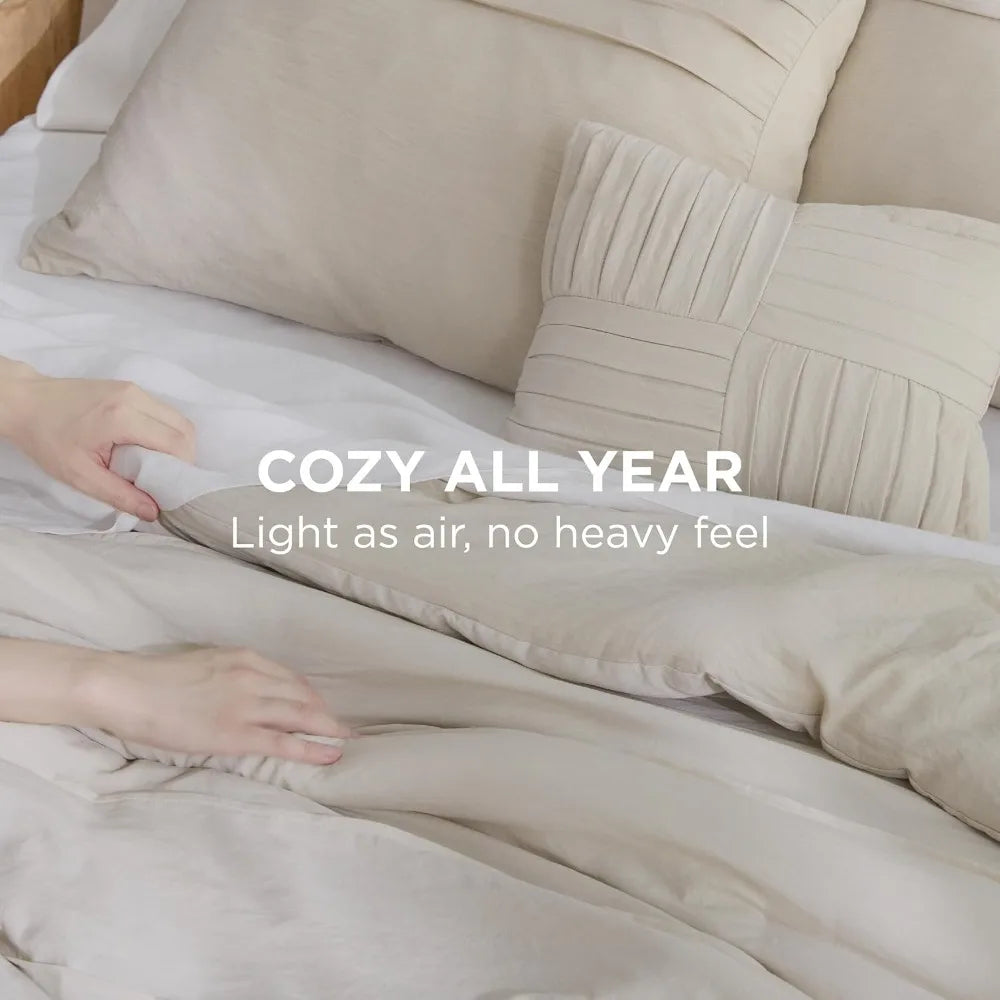 Bedsure Queen Comforter Set - 4 Pieces Pinch Pleat Bed Set, Beige Boho Bedding for All Season, 1 Soft Comforter, 2 Pillowcases,