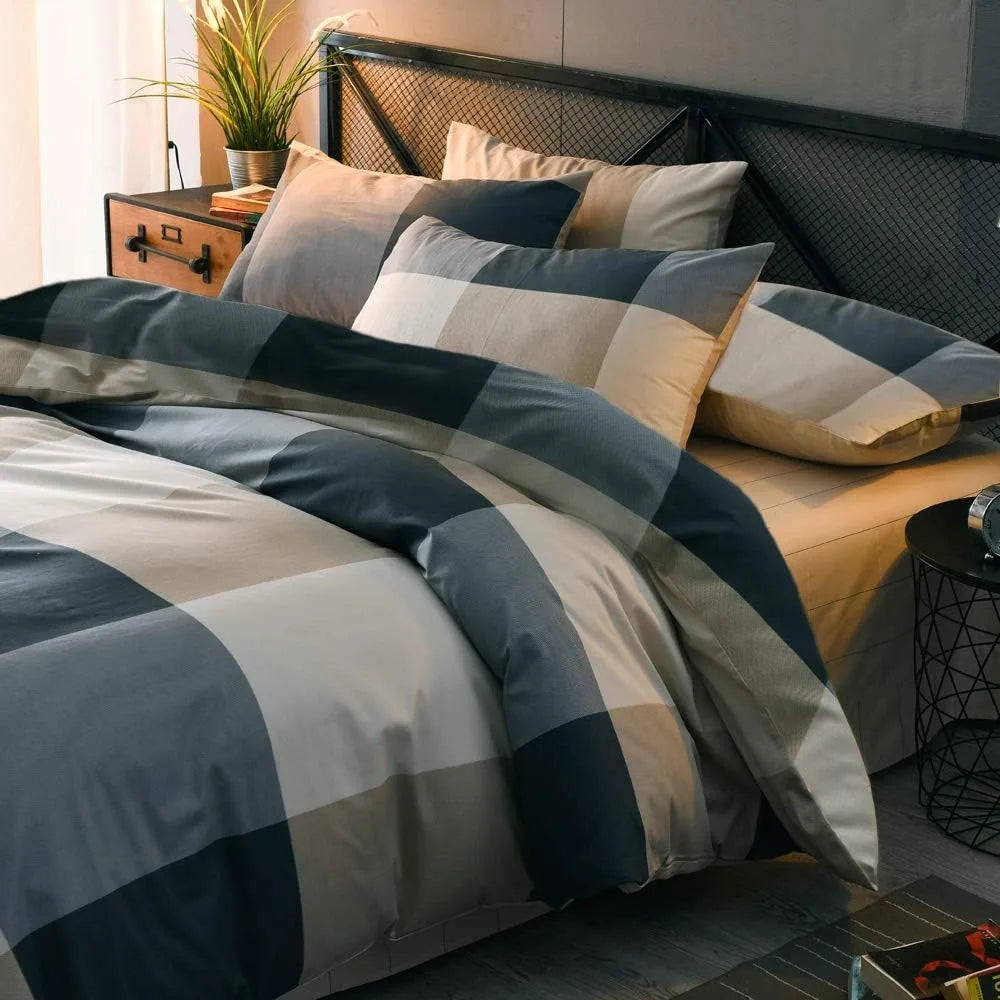 mixinni Full Comforter Set Men Boys Geometric Checkered Plaid Printed Bedding Comforter for All Season Soft Lightweight Bedding