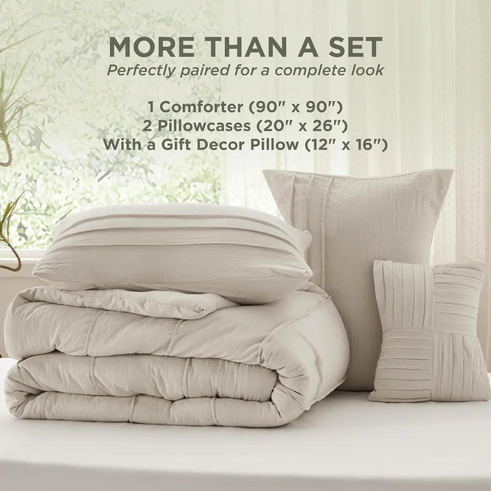 Bedsure Queen Comforter Set - 4 Pieces Pinch Pleat Bed Set, Beige Boho Bedding for All Season, 1 Soft Comforter, 2 Pillowcases,